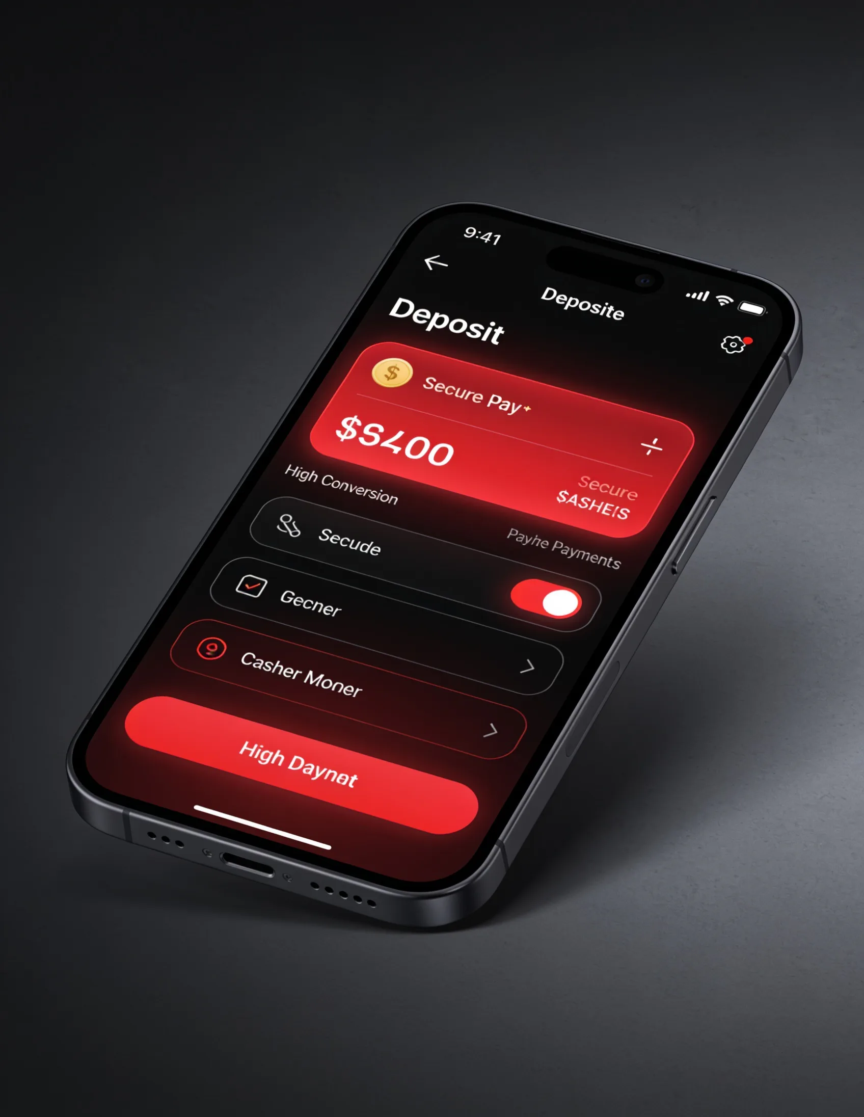 Smartphone showing a dark red deposit interface